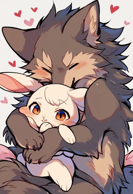 score_10, score_9_up, score_8_up, source_furry, furry, a couple, couple, two animals, cute, Rabbit falls in love with wolf, hug, the wolf is overwhelmed, Romantic, detail, no human, source_furry, (wolf, boy), (rabbit, girl, rabbit ears), no human, feral, chibi, 1boy1girl, furry only, anime, furry and furry, fairy tale