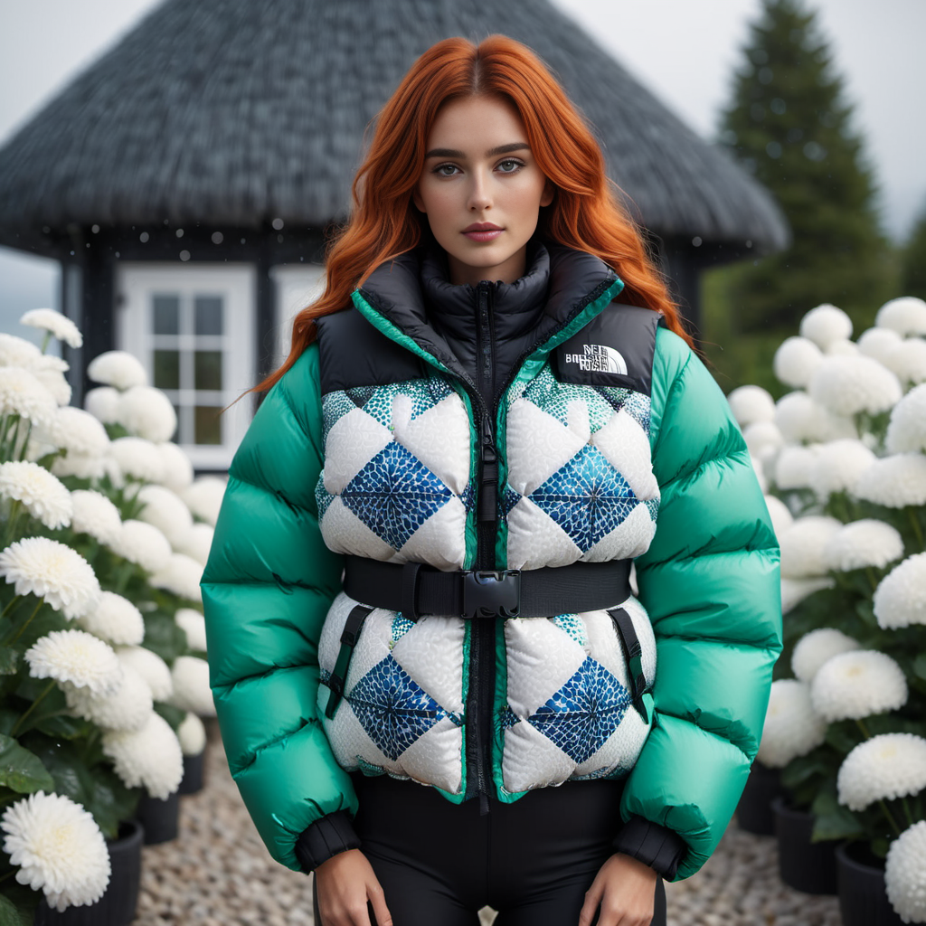 dark cinematic still with dark vibes, full body shot of life jacket  nordic professional women  wearing an Mosaic designs   extra_puffy_jacket tnf_nuptse,  unique hair styles,   looking at the camera, shallow depth of field, 8k uhd, dslr,  high quality, photorealistic, realism, hyperrealism,
, garden scene 
 <lora:Puffer_Jacket_and_Down_Jacket_-_Extra_Puffy_Jackets:0.6>,   <lora:pufferdown_tnf_nuptse:0.4>