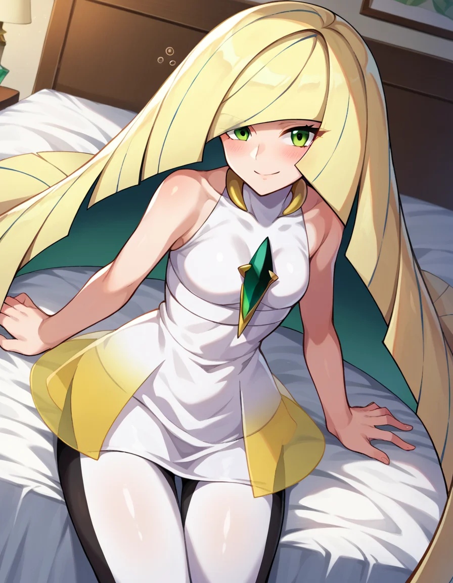 score_9, score_8_up, score_7_up, source_anime,
pokemonlusamine, <lora:pokemon-lusamine-ponyxl-lora-nochekaiser:1>
pokemonlusamine, blonde hair, green eyes, hair over one eye, long hair, multicolored hair, streaked hair, very long hair, smile,
bare arms, diamond \(shape\), dress, gem, green gemstone, leggings, short dress, sleeveless, sleeveless dress, white dress, white leggings,
indoors, bed, bed room, on side, blush, drunk,
looking at viewer, dutch angle, cowboy shot,
