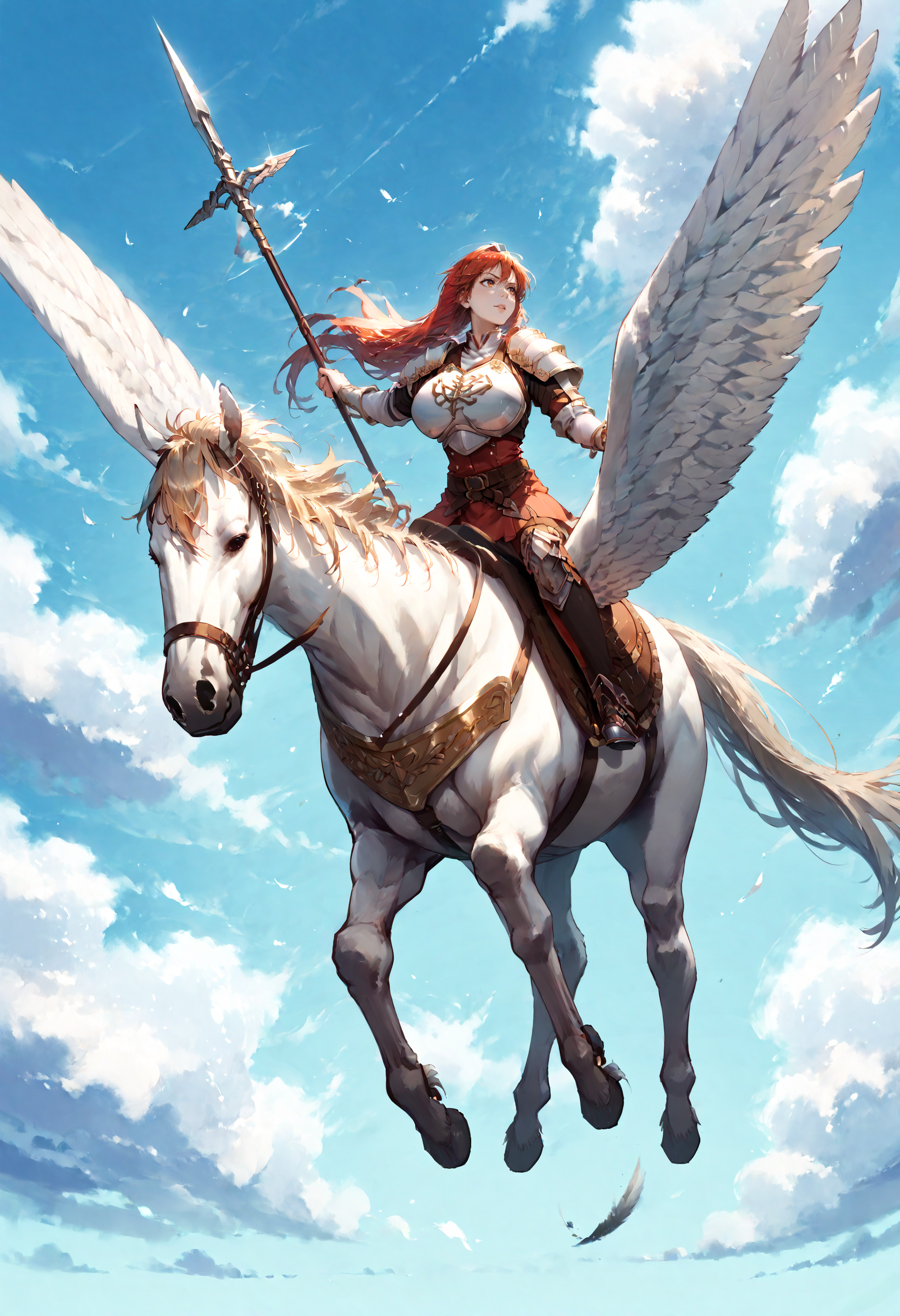 score_9,score_8_up,score_7_up,extreme detailed,full_body,zPDXL BREAK sky,flying,1girl,huge breasts,
<lora:Pony_DetailV2.0:1>,pegasus knight,horse,horseback riding,pegasus,<lora:pegasus knight-v2-pony:0.8>,long hair,shoulder armor,breastplate,pegasus knight uniform \(fire emblem\),holding polearm,charging forward,