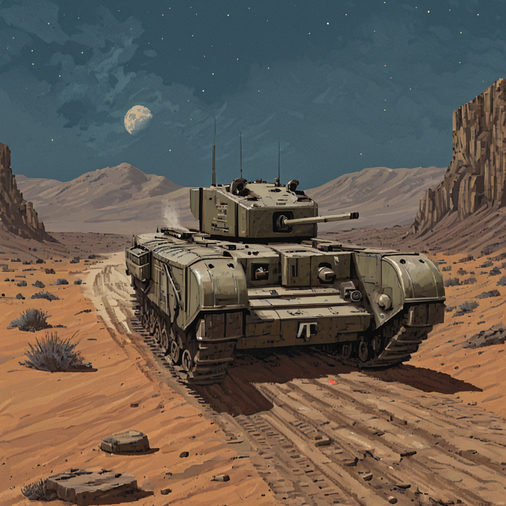 a tank is driving down a dirt road on the surface of the moon, space program, moon base, chrchltnk ((pulp_comic, heavy_lines, hand_drawn, hand_inked, hand_colored, apxlz))
