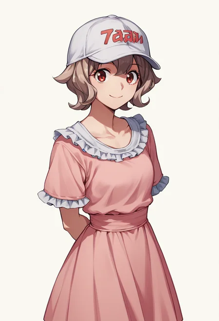 1girl, solo, AtraM1xt, short hair, brown hair, red eyes, baseball cap, pink dress, frills, looking at viewer, smile, arms behind back, standing, white background, score_9, score_8_up, score_7_up, source_anime, <lora:Atra Mixta - Gundam IBO-000008:1>
