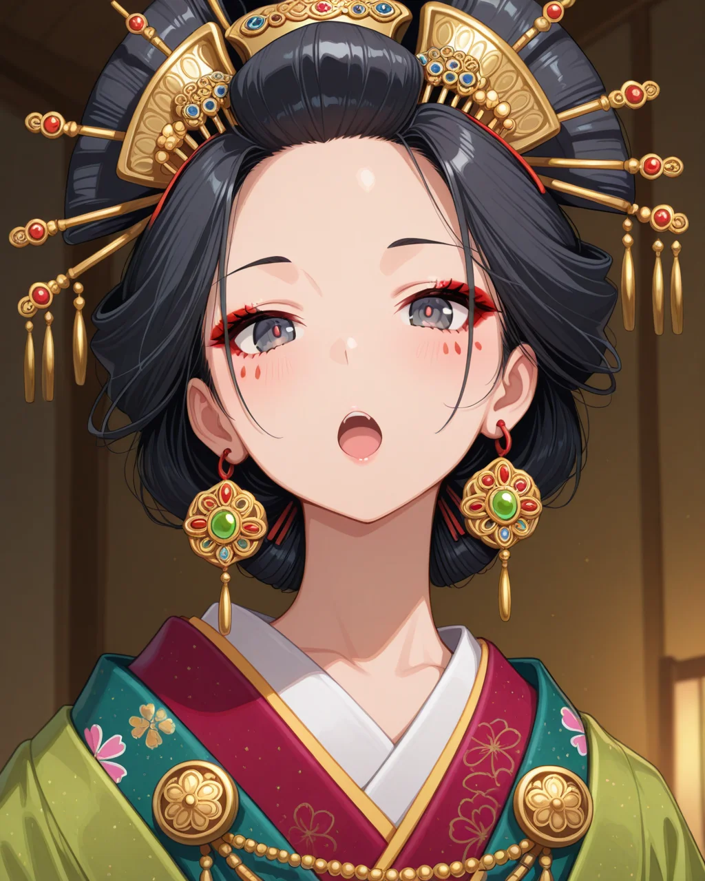 masterpiece,best quality,highres illustration,detailed face,1girl,<lora:overacc_IL:1>,accessories,oiran,kimono,open mouth,black hair,