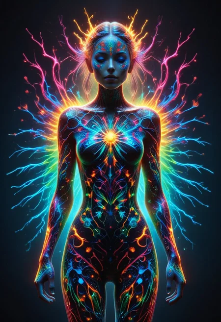 a full body fire entity whit multicolored flames, professional photography of an fantastical warrior fairy princess entirely made of cyberflies with whimsical elements, swirling magic, eerie fairytale landscape, elaborate fantasy style art, very colorful, intricate details, ultra sharp, exquisite detail, flawless composition, vivid colors, masterpiece, exciting background, TAS, TASvisuals, Psychedelic , Rave, Elaborate , Blacklight , Vibrant , cyberflies, black light paint, blp, Colorful Chaos Cracks and Drops, mad-glowtiedye, made out of,colorful,liquid,Murano Art Glass