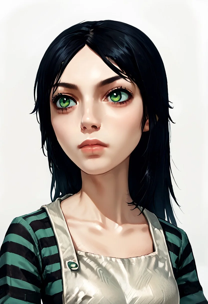 SCORE_9, SOURCE_ANIME, 1GIRL, ALICE LIDDELL, BLACK HAIR, GREEN EYES, APRON, STRIPED SHIRT, PORTRAIT, WHITE BACKGROUND,