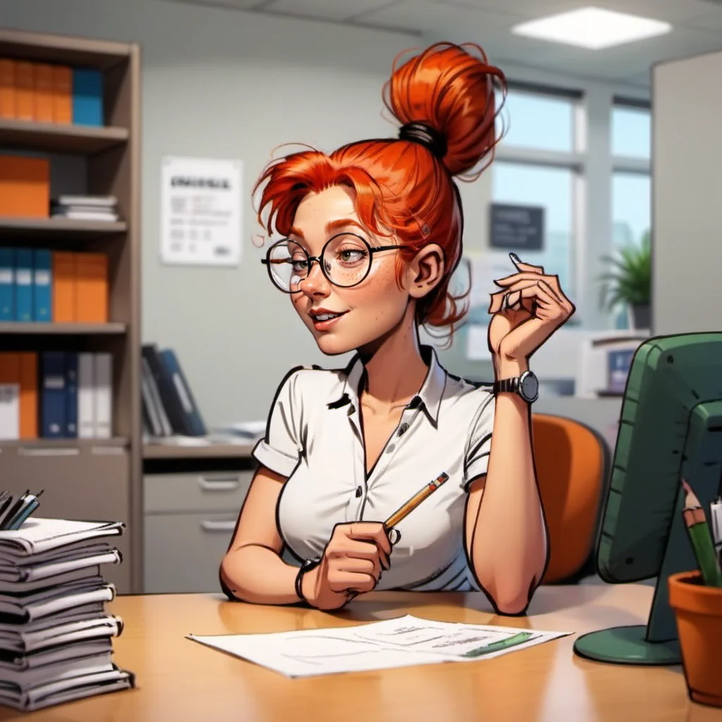 comic 1girl, solo, round glasses, freckles, redhead, ponytail, in an office <lora:MlleJeanne1024-step00000800:0.8> . graphic illustration, comic art, graphic novel art, vibrant, highly detailed