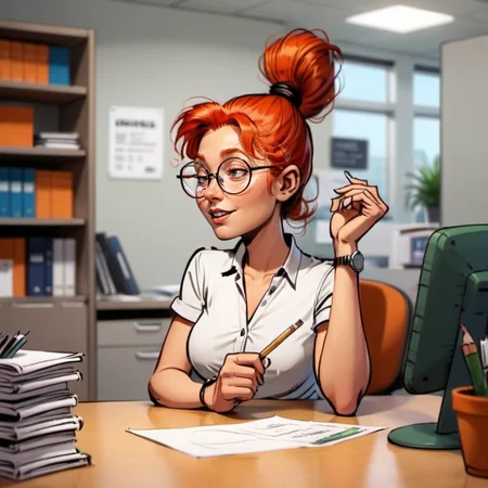 comic 1girl, solo, round glasses, freckles, redhead, ponytail, in an office <lora:MlleJeanne1024-step00000800:0.8> . graphic illustration, comic art, graphic novel art, vibrant, highly detailed