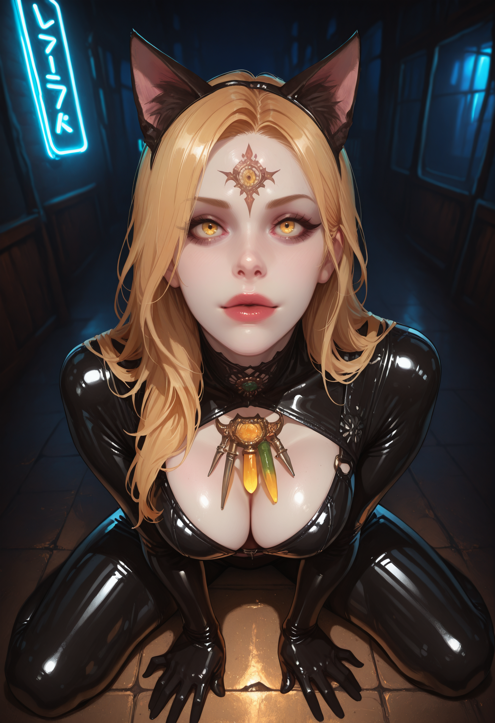 masterpiece, very aesthetic, best quality, absurdres, newest
<lora:ILREVDaniela:1.0>
REVDaniela, 1girl, blonde hair, long hair, pale skin, yellow eyes, forehead mark, looking at viewer, sitting on the ground, latex outfit, dynamic pose, looking up, cat ears, neon lights, dark room