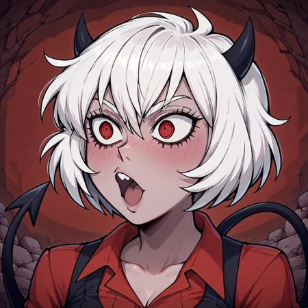 masterpiece, best quality, newest, absurdres, highres, anime, anime style, POG-V1.0IL, pogchamp (meme), meme, :o, 1girl, malina (helltaker), demon girl, short hair, white hair, horns, demon tail,