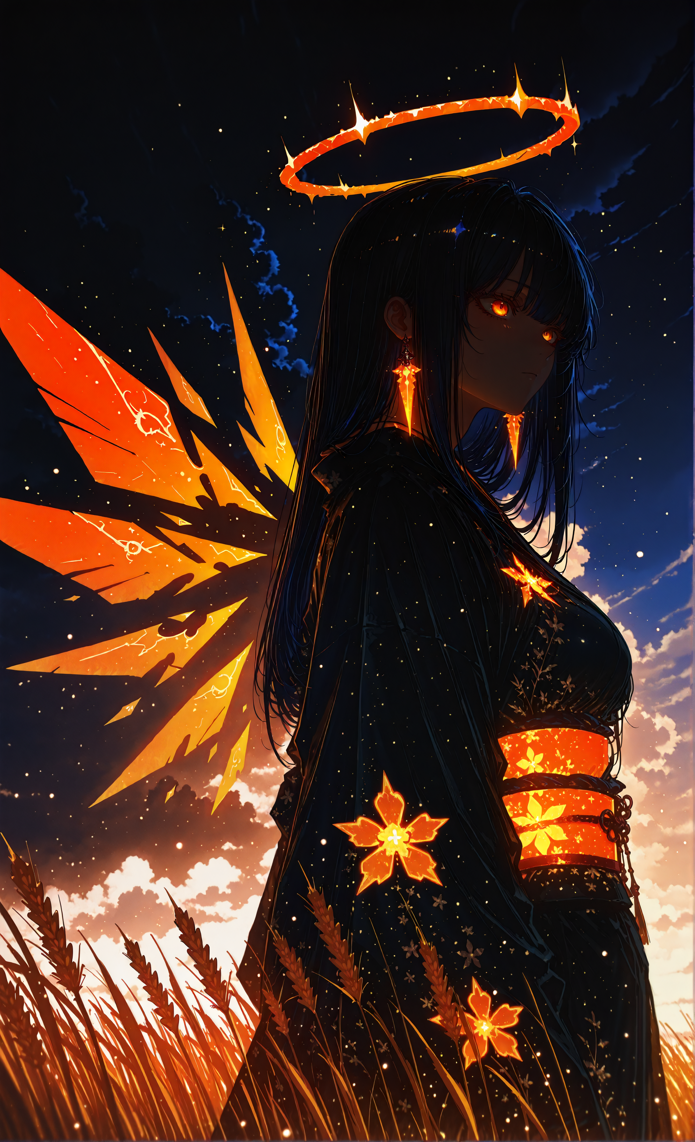 masterpiece, sharp detail, intricate detail, 1girl, (anniechromes),  dark blue hair, orange tips, vivid orange eyes, straight hair, glowing orange halo, detached wings, orange crystal wings, gradient detached wings, straight hair, medium breasts, arknights style, kimono, floral print, outdoors, cloud, volumetric lighting, wheat field, from below, from side, BREAK partially illuminated face, chiaroscuro, volumetric lighting, dappled light, dramatic shadows, cinematic lighting, detailed background, light and shadow contrast, <lora:aboba_prime_3:0.8>, <lora:darkness_xl_v20:0.3> <lora:DK_glowing_style:0.6>, glowing particles, light particles, <lora:Bright_style:0.6> Bright_illu, sparkle,