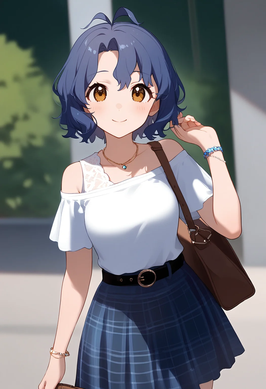 1girl,
toyokawa fuka,
blush, off-shoulder shirt, headphones, light blush, bare shoulders, holding, blue skirt, short hair, alternate costume, casual, necklace, jewelry, off shoulder, plaid, blue hair, hair between eyes, short sleeves, antenna hair, hand up, looking at viewer, yellow eyes, smile, black belt, bag, solo, brown bag, white shirt, closed mouth, plaid skirt, belt, skirt, bracelet, shirt, wavy hair, holding bag,
sfw
<lora:a31_char_new_toyokawa_fuka:1> <lora:a31_style_koni-000010:0.8>