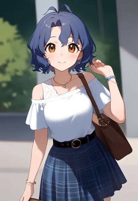 1girl,
toyokawa fuka,
blush, off-shoulder shirt, headphones, light blush, bare shoulders, holding, blue skirt, short hair, alternate costume, casual, necklace, jewelry, off shoulder, plaid, blue hair, hair between eyes, short sleeves, antenna hair, hand up, looking at viewer, yellow eyes, smile, black belt, bag, solo, brown bag, white shirt, closed mouth, plaid skirt, belt, skirt, bracelet, shirt, wavy hair, holding bag,
sfw
<lora:a31_char_new_toyokawa_fuka:1> <lora:a31_style_koni-000010:0.8>
