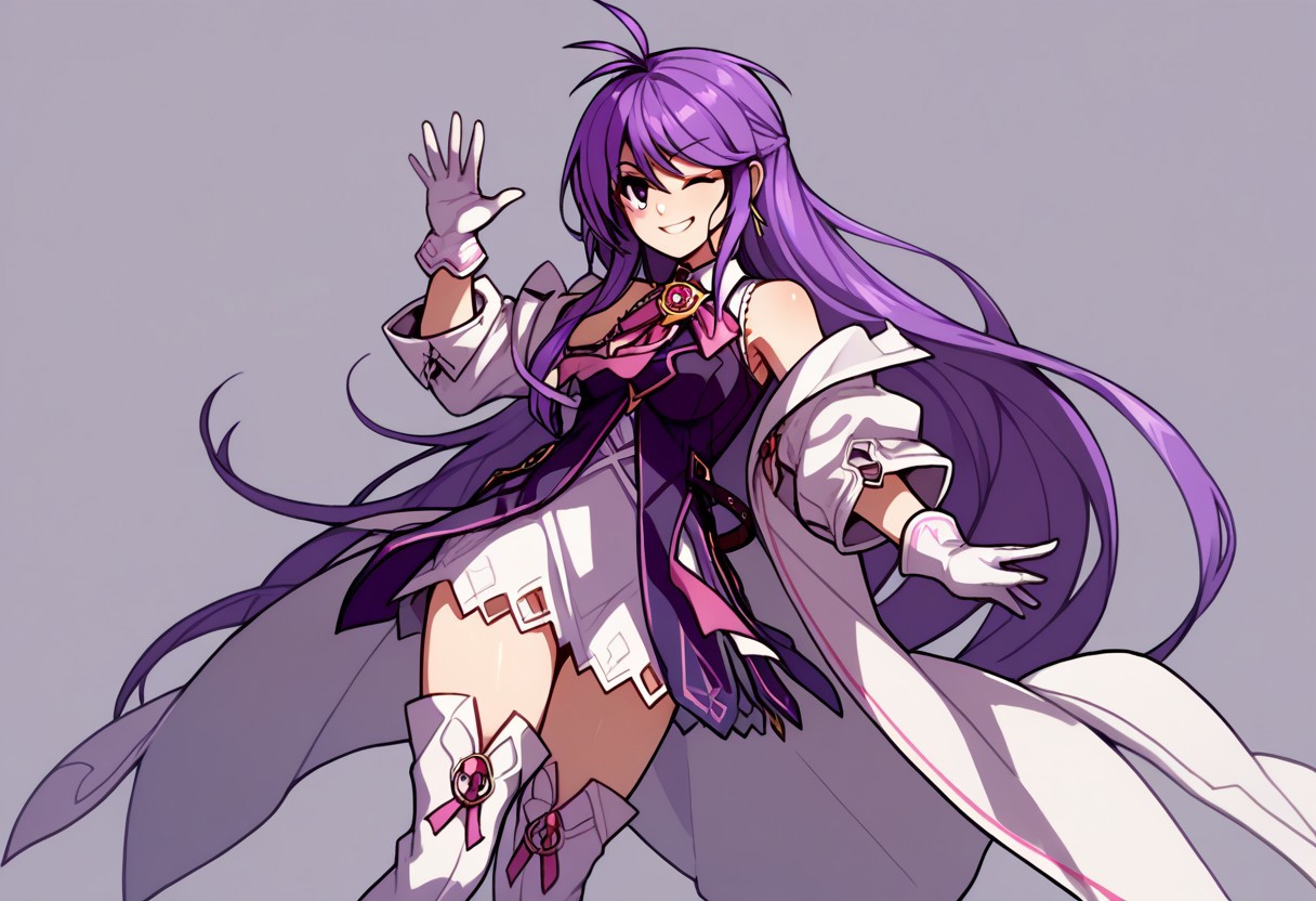 score_9, score_8_up, score_7_up, source_anime, good anatomy, 1girl, solo, AishaAS, antenna hair, ahoge, long hair, purple hair, sidelocks, very long hair, purple eyes, amulet, pink ribbon, wing collar, white and purple dress, layered dress, sleeveless dress, leather belt, off shoulder coat, white coat, white gloves, white thighboots, zettai ryouiki, smiling,  leaping, one knee raised, winking