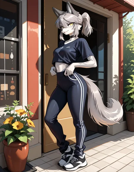 masterpiece, best quality, very aesthetic, absurdres,
outdoors,
full body, standing, posing,
casual,
seductive smile, parted lips, long eyelashes,
<lora:Seraya_v01_NAIXL:1>
S3ray4,1girl,solo,furry,furry female,wolf girl,wolf ears,short hair,grey hair,ponytail,hair between eyes,long sidelocks,yellow eyes,snout,animal nose,choker,body fur,two-tone fur,grey fur,white fur,wolf tail,