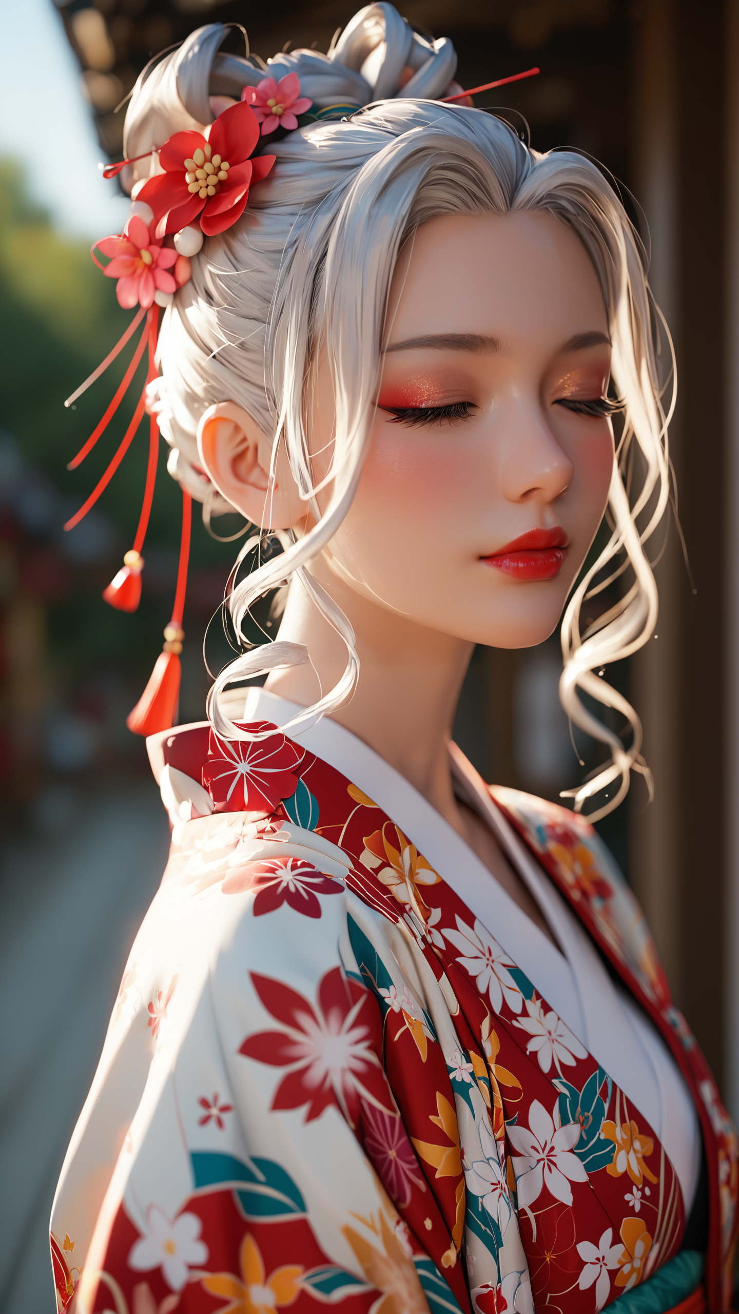 score_9, score_8_up, score_7_up, i want the whole image to be created in 3D anime style, 1girl, solo, blush, hair ornament, closed mouth, closed eyes, upper body, flower, white hair, japanese clothes, hair flower, kimono, blurry, eyelashes, makeup, depth of field, blurry background, drill hair, floral print, lipstick, eyeshadow, hair rings, kanzashi