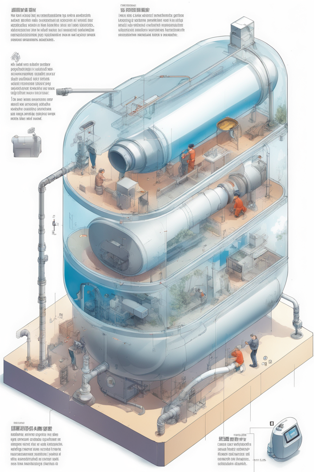 <lora:Isometric Cutaway:1>,Isometric Cutaway - AnImage illustrating the tank installation guide. The background shows the tank installation scene with illustrations or pictures demonstrating the correct installation steps. The accompanying text instructions are presented in a clear and understandable manner, helping the user to easily complete the installation of the tank.