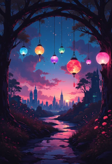 Hanging lights from the sky, vibrant glow