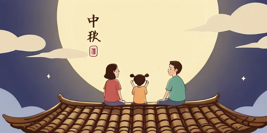 mid autumn festival poster,text:ä¸ç§,<lora:zhongqiu_v3-000034:0.7>,a family of three is watching the moon on the roof,