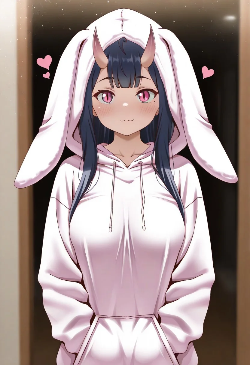 masterpiece, cute, lovely, newest, absurdres, (best quality:1.3), amazing quality, very aesthetic, 1girl, solo, high_resolution, hq, 4k, BREAK. high gradient eyes, very cute, light particles, cute details, cute colors, mature woman, (Poa_Mellhen_Style), oni, oni horns, dark blue hair, straight hair, very_long_hair, blunt bangs, pink eyes, slit pupils, (medium breasts:1.2), sagging_breasts, :3, ahoge, BREAK, in the style of cksc, depth of field,detailed background, volumetric lighting,godrays, detailed eyes,expressive eyes,highres, blurry, heart, long_sleeves, looking_at_viewer, mole ,mole_under_eye, sharp_maker, cinematic lighting, detailed clothes, vivid colors, fine texture, harajuku rabbit ear jacket, hoodie, hood up, rabbit ears,