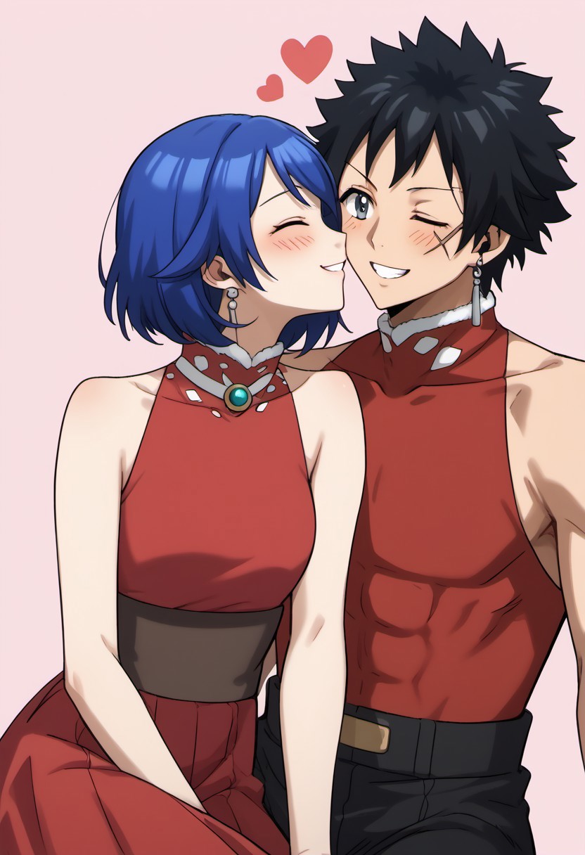 score_9, score_8_up, score_7_up, source_anime, rating_safe, kissing cheeck, MestFT, Mest scar, grey Mest earrings, black Mesto hair, 1boy, male focus, red-white Mest shirt, closed eyes, smile, teeth, cropped feet, sitting, [1girl-wendy_marvell, blue hair, dress, blushing, closed eyes], couple focus, simple pink background, cute wallpaper, red hearts,