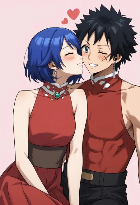score_9, score_8_up, score_7_up, source_anime, rating_safe, kissing cheeck, MestFT, Mest scar, grey Mest earrings, black Mesto hair, 1boy, male focus, red-white Mest shirt, closed eyes, smile, teeth, cropped feet, sitting, [1girl-wendy_marvell, blue hair, dress, blushing, closed eyes], couple focus, simple pink background, cute wallpaper, red hearts,