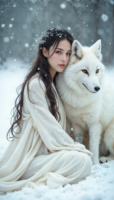 Professional portrait photography. A breathtaking, award-winning movie still captures an ethereal winter scene. An 18-year-old girl, dressed in flowing, light white garments that blend seamlessly with the snowy landscape, sits gracefully on a pristine blanket of snow. Her delicate face, framed by soft, loose strands of hair, gently presses against the neck of a snow-white fox, whose fur glistens in the soft, diffused light. The fox is perched protectively behind her, its head nuzzling her right shoulder with a comforting, intimate gesture. The background is adorned with a subtle bokeh effect, creating a dreamlike atmosphere. White snowflakes float gently down from the sky, adding a sense of tranquility and magic to the scene. The overall composition exudes beauty and serenity, with the visuals blending elements of dream and reality, evoking deep emotions and a sense of otherworldly calm This is a breathtaking portrait.