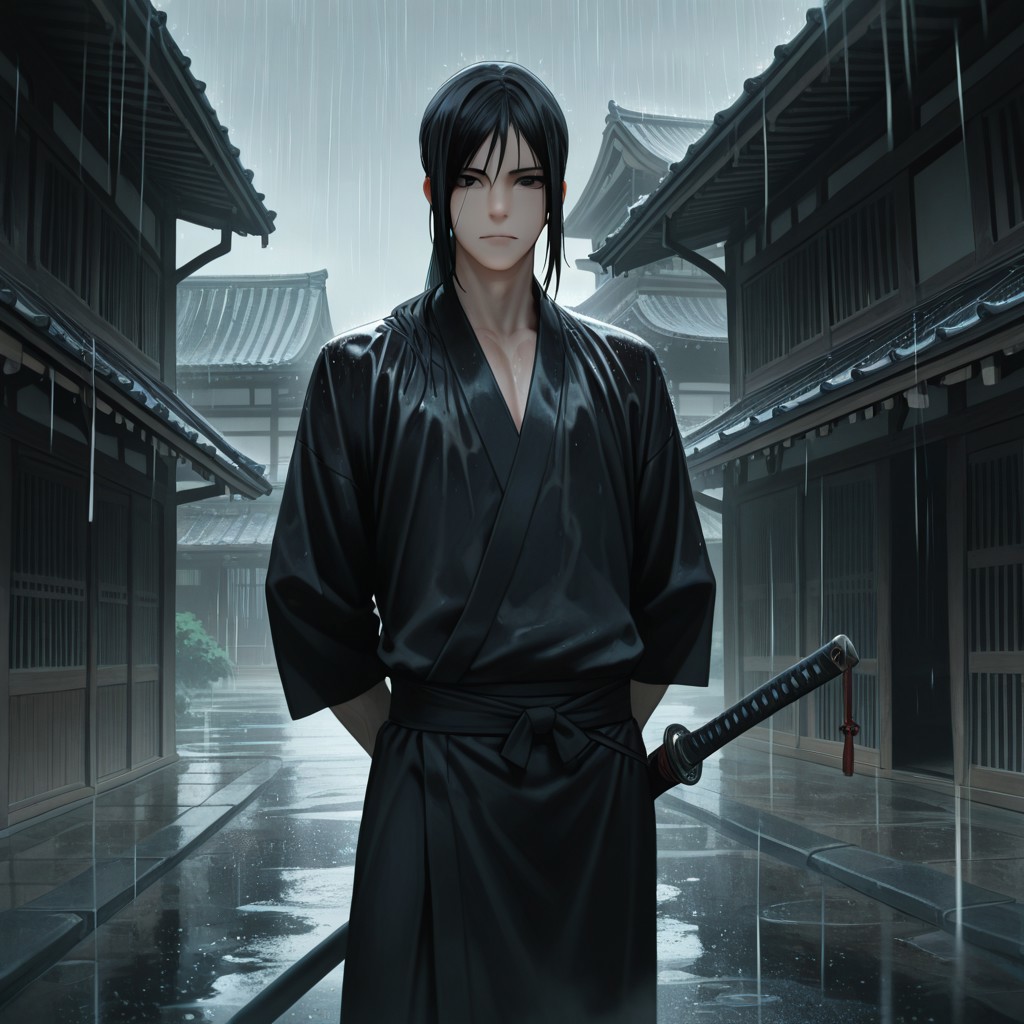 masterpiece, best quality, amazing quality, absurdres, newest, detailed background, definition so sharp, Ultra-HD, 8K cinematic, very awa, impressionate, amazing quality, highres, 
solo, male focus, manly, 
kurohyatogami, kuroh_black hair, kuroh_black eyes, 1boy, low tied hair, long hair, 
standing, hands behind back, calm posture, cool gaze, black kimono, sword on hip, rain, traditional building, serene, powerful, protective, cool, warm presence