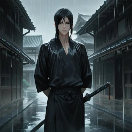 masterpiece, best quality, amazing quality, absurdres, newest, detailed background, definition so sharp, Ultra-HD, 8K cinematic, very awa, impressionate, amazing quality, highres,
solo, male focus, manly,
kurohyatogami, kuroh_black hair, kuroh_black eyes, 1boy, low tied hair, long hair,
standing, hands behind back, calm posture, cool gaze, black kimono, sword on hip, rain, traditional building, serene, powerful, protective, cool, warm presence