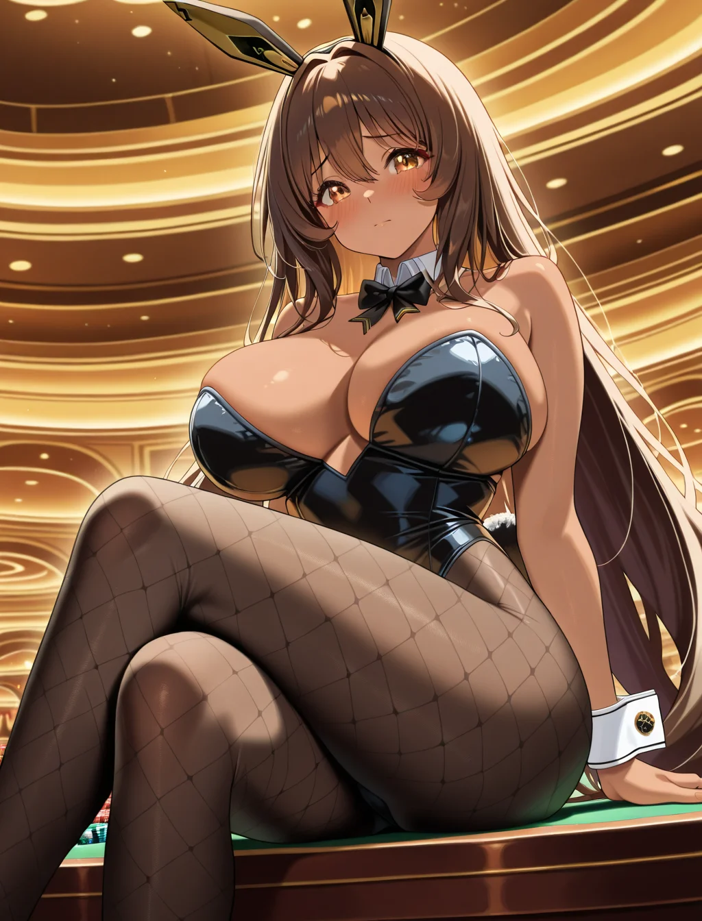 (masterpiece) ,best quality,amazing quality,very aesthetic,absurdres,newest, anime style, BREAK NG_Noir, casino, looking at viewer, blush, sitting on casino table, crossed legs