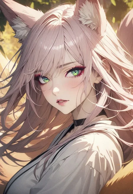 1woman, solo, long hair, pink hair, black choker, green eyes, eyeliner, gorgeous lips, cinematic, (masterpiece), (best quality), (ultra-detailed), very aesthetic, illustration, perfect composition, intricate details, absurdres, detailed face, (anime, masterpiece, intricate:1.3), (best quality, hires textures, high detail:1.2), (4k),(incredibly detailed:1.4)
detailed skin, eyeshadow, fox tail, fox ears, no bra, pale skin, white kimono, beautiful eyes, detailed eyes, sparkling eye