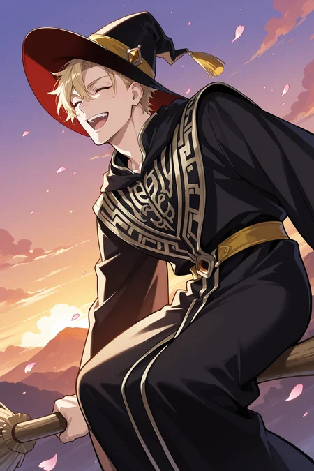 masterpiece, best quality, good quality, newest, highres, incredibly_absurdres, bright colors, perfect quality, absolutely eye-catching, detailed background, detailed face, detailed eyes, dramatic angle, Storytelling visuals, 1man, male focus, solo, bishounen, tsurime, (((manly))), gay, yaoi, guy, 1boy, black robe, blonde hair, broom, broom riding, closed eyes, cloud, hat, long sleeves, male focus, open mouth, outdoors, outstretched arms, petals, robe, sidesaddle, sky, smile, solo, spread arms, sunset, tassel, teeth, upper teeth only, witch, witch hat, S-shaped composition, Red and Yellow, dynamic pose, dnd aesthetic, DRTwstd <lora:Daars_style_-_Twisted_Wonderland:1>