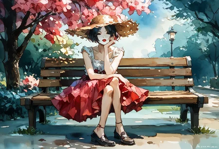 score_9, score_8_up,score_7_up, score_6_up, score_5_up, score_4_up, watercolor painting of
cute girl in white blouse and long skirt,((straw hat)), black bangs, himecut,red lipstick, white skin
((Sitting on a bench in a park),((cherry blossom))
(Slender body smooth),ng_deepnegative_v1_75t, easynegative, negative_hand, ArsMJStyle, Watercolor, shoe dangle, loafers