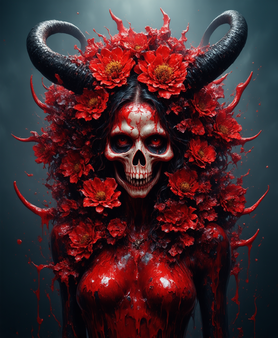 grim Lillith portrait in underbust corsage made out of iridescent red blood flower penals as graffiti art, horned female demon, splash art, street art, spray paint, oil gouache melting, acrylic, high contrast, colorful polychromatic, ultra detailed, ultra quality,ethereal fantas,y hyperdetailed mist, Thomas Kinkade, Peter Mohrbacher, hell scenery, intense dark light, deep shadows, scary, sinister, uncanny