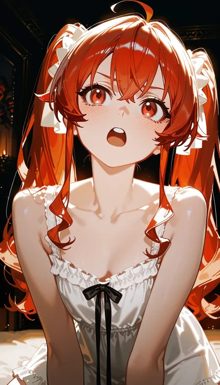 (masterpiece, best quality), amazing quality, very aesthetic, absurdres, highres, newest, HDR, 8K, high detail RAW color art, intricate details, high contrast, detailed background, large pupil, eyelashes,
alp, (dino \(dinoartforame\), ciloranko:1.1025), (kuroduki \(pieat\):0.5052), 1girl, solo, eris greyrat, red eyes, red hair, long hair, twintails, nightgown, frills, bare shoulders, collarbone, pow pose, blush, round teeth, night, dim light, dak depth, low kye, shining in Moonlight, (dim background), black shadow, bedroom, <lora:Aesthetic Quality_noobai_epsilon:1>, <lora:Pony People's Works_noob:1>,