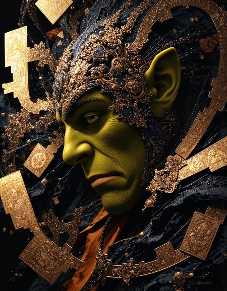 A captivating and vibrant portrait of a an evil Shrek's profile, boldly rendered with overlapping layers of dynamic, geometric patterns inspired by Art Deco. Intricate, gold-edged vintage stamps, some appearing slightly distressed, are layered over a base of deep blacks. Abstract brushstrokes of gold and deep ochre create a sense of motion and depth, with the Shrek's face partially obscured by the dynamic design. His cheek, sculpted with sharp angles, is just visible, emerging from the overlapping patterns. The strong contrast between the rich blacks and shimmering gold evokes a feeling of ominous and awe. The textured surface of the stamps suggests the tactile quality of aged paper and ink, subtly echoing the smooth, almost metallic sheen of the gold accents. The bold colors and intricate patterns create a powerful, modern composition, inviting the viewer to dissect each element and trace the interplay of lines and shapes, while the hidden face conveys a sense of mystery and inner resilience. The painting's overall energy is palpable, demanding attention and encouraging exploration of its hidden stories and adventures. <lora:flux.1_lora_flyway_Epic-detail_v2:0.8> <lora:Elden_Ring_-_Yoshitaka_Amano:0.5> <lora:anhei_first_flux_lora_v1:0.7> anhei