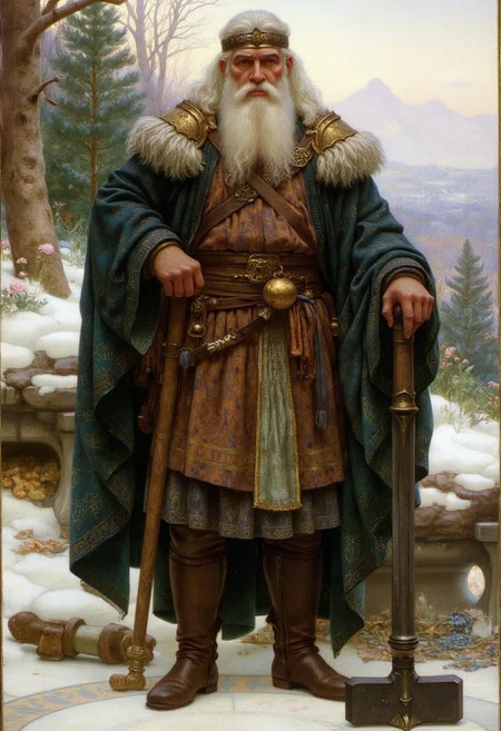 19th century Victorian oil painting by Ernest Normand of a stoic Viking warrior holding a large war hammer, older with grizzled face and long grey hair with a short grey beard, snow forest background with mountains in the background, hkstyle