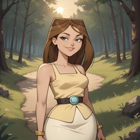 score_9, score_8, BREAK, solo, brown hair, long hair, lips, yellow sleeveless top, belt, white skirt, black high heel boots, yellow bracelet, breasts, total drama, TaylorTD, sexy pose, self portrait, smile, outdoors, sunlight, shadows, evening lighting, natural lighting, forest, trees, grass, orange sky, sunset