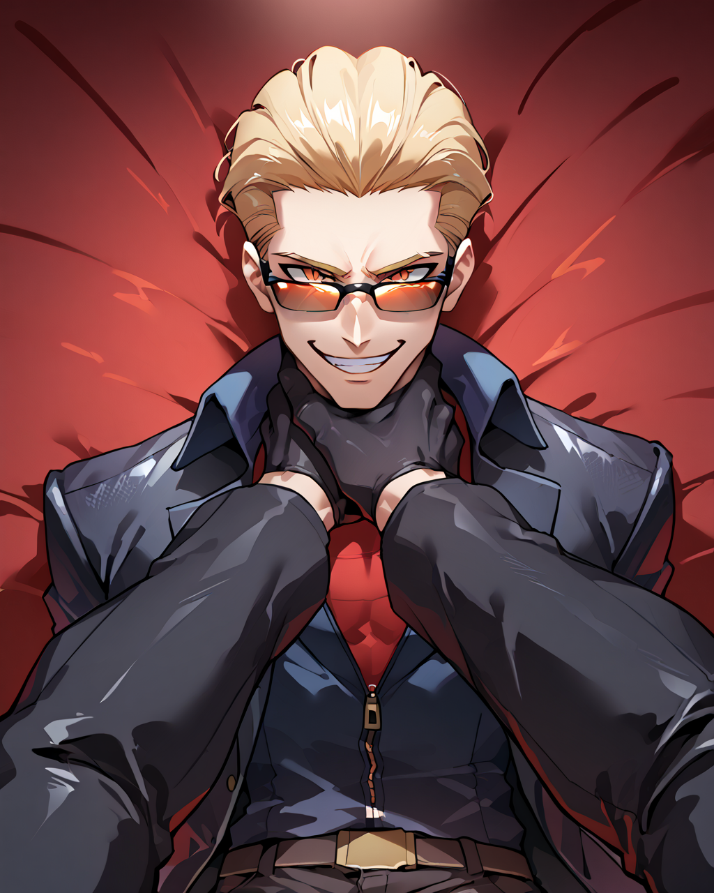 PonyScores7, source_anime, ah1, best quality, (masterpiece:1.4), (high quality:1.4), sharp focus, 4k, absurd resolution, <lora:albertwesker-guy-PONYv1:0.8> albertwesker, albert wesker, 1boy,  blonde, black gloves, (sunglasses:1.3), belt, black coat, black pants, looking at viewer, toned, athletic, fit, slicked back hair, black turtleneck, zipper, mature male, black boots, bad-hands-5, (evil smile), <lora:xl_more_art-full_v1:0.2>, <lora:shinyskin2:0.2> glistening skin, <lora:aesthetic_anime_v1s:0.2>, <lora:Expressive_H:0.2> Expressiveh, <lora:hairdetailpxl:0.2> hairdetailpxl, <lora:detailxl:0.2> detailxl, (focused, intense glare), slit pupils, short hair, (reddish orange eyes), best quality, amazing quality, best aesthetic, absurdres, <lora:expressive eyes:0.2> expressive eyes, <lora:eyedetailpxl:0.2> eyedetailpxl, illustration, Volumetric_Lighting, ultra-detailed, very aesthetic, intricate details, 8k, masterpiece, best_quality, (angular face, sharp_featured face), <lora:Eyes_High_Definition:0.2> EyesHD, <lora:Choking_for_Pony:1> ((choking)), (((2boys, multiple boys))), (((hands pov))), laughing, (((POV))), crazy smile, <lora:middle-finger-ponyxl-lora-nochekaiser:0.8> ((showing middle finger to viewer)),