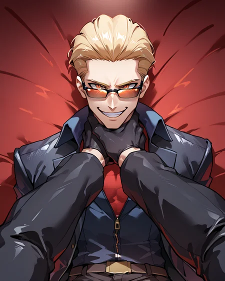 PonyScores7, source_anime, ah1, best quality, (masterpiece:1.4), (high quality:1.4), sharp focus, 4k, absurd resolution, <lora:albertwesker-guy-PONYv1:0.8> albertwesker, albert wesker, 1boy,  blonde, black gloves, (sunglasses:1.3), belt, black coat, black pants, looking at viewer, toned, athletic, fit, slicked back hair, black turtleneck, zipper, mature male, black boots, bad-hands-5, (evil smile), <lora:xl_more_art-full_v1:0.2>, <lora:shinyskin2:0.2> glistening skin, <lora:aesthetic_anime_v1s:0.2>, <lora:Expressive_H:0.2> Expressiveh, <lora:hairdetailpxl:0.2> hairdetailpxl, <lora:detailxl:0.2> detailxl, (focused, intense glare), slit pupils, short hair, (reddish orange eyes), best quality, amazing quality, best aesthetic, absurdres, <lora:expressive eyes:0.2> expressive eyes, <lora:eyedetailpxl:0.2> eyedetailpxl, illustration, Volumetric_Lighting, ultra-detailed, very aesthetic, intricate details, 8k, masterpiece, best_quality, (angular face, sharp_featured face), <lora:Eyes_High_Definition:0.2> EyesHD, <lora:Choking_for_Pony:1> ((choking)), (((2boys, multiple boys))), (((hands pov))), laughing, (((POV))), crazy smile, <lora:middle-finger-ponyxl-lora-nochekaiser:0.8> ((showing middle finger to viewer)),