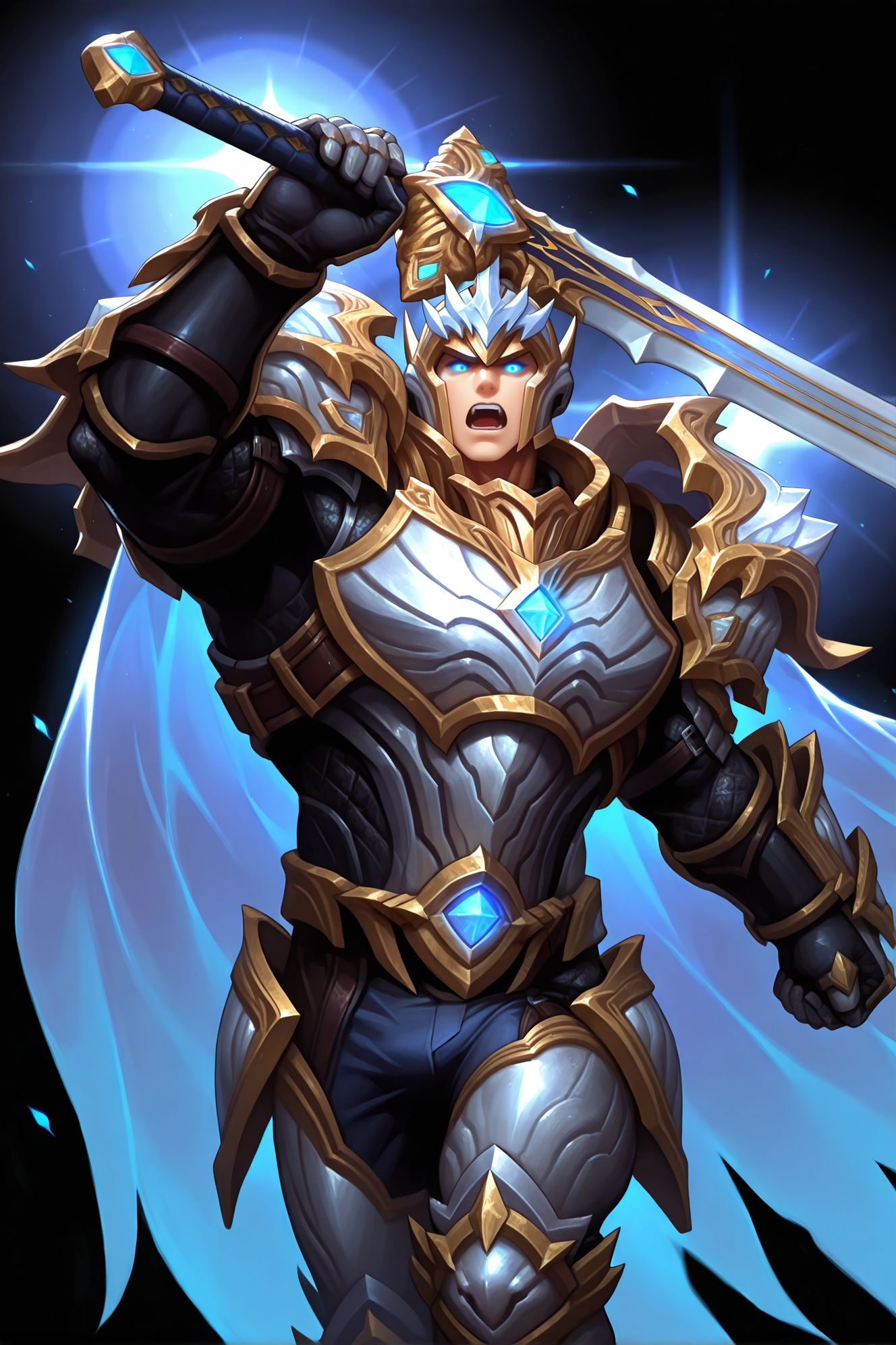 1boy,blue eyes,glowing eyes,muscular male,mature male,bara,upper body BREAK
(masterpiece, best quality, high quality, absurdres, high detail),(1boy,solo,mature male) BREAK
holding sword,dynamic pose,knee up,hand up,open mouth,black background,blue light,
god-king_garen,god-king armor,god-king helmet,shoulder armor,gauntlets,transparent cape,armor,cape,helmet,
<lora:hand 5.5:1>,<lora:add-detail-xl:1>,<lora:4k:1>,<lora:god-king__garen:0.8>,<lora:sn0w:1>,, <lora:Expressive:0.8>,