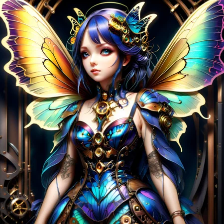 best quality, masterpiece, extremely detailed, an extremely delicate and beautiful, dynamic, realistic anatomy, perfect shading, professional shading, depth of field, St34mpunk Butt3rfly, dark environment, beautiful butterfly, steampunk butterfly girl, colourful wings, full body, hourglass body shape,fur and leather, side soft light, elegant, gorgeous, highly detailed, well-endowed, full shot photo, uncropped, perfect face, perfect anatomy,cute, beautiful, perfect beauty,amazing beauty, pure genious, absolutely perfect, gentle, highly detailed, breathtaking,St34mpunk Butt3rfly, girl, wings, butterfly, gothic, realisticvision-negative-embedding, great lighting,downblouse, cleavage,v151blebra5trap, bra strap, bra