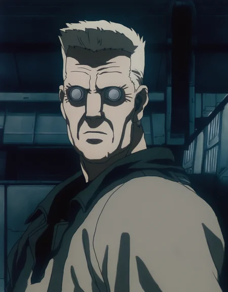 traditional media, highres, masterpiece, very aesthetic,8k,1boy, batou \(gits 1995\), artificial eye, upper body, white eyes, shadow, cinematic, anime screenshot, cyberpunk, science fiction, <lora:GITS 1995 Lycoris Illustrious 0.1:0.8>