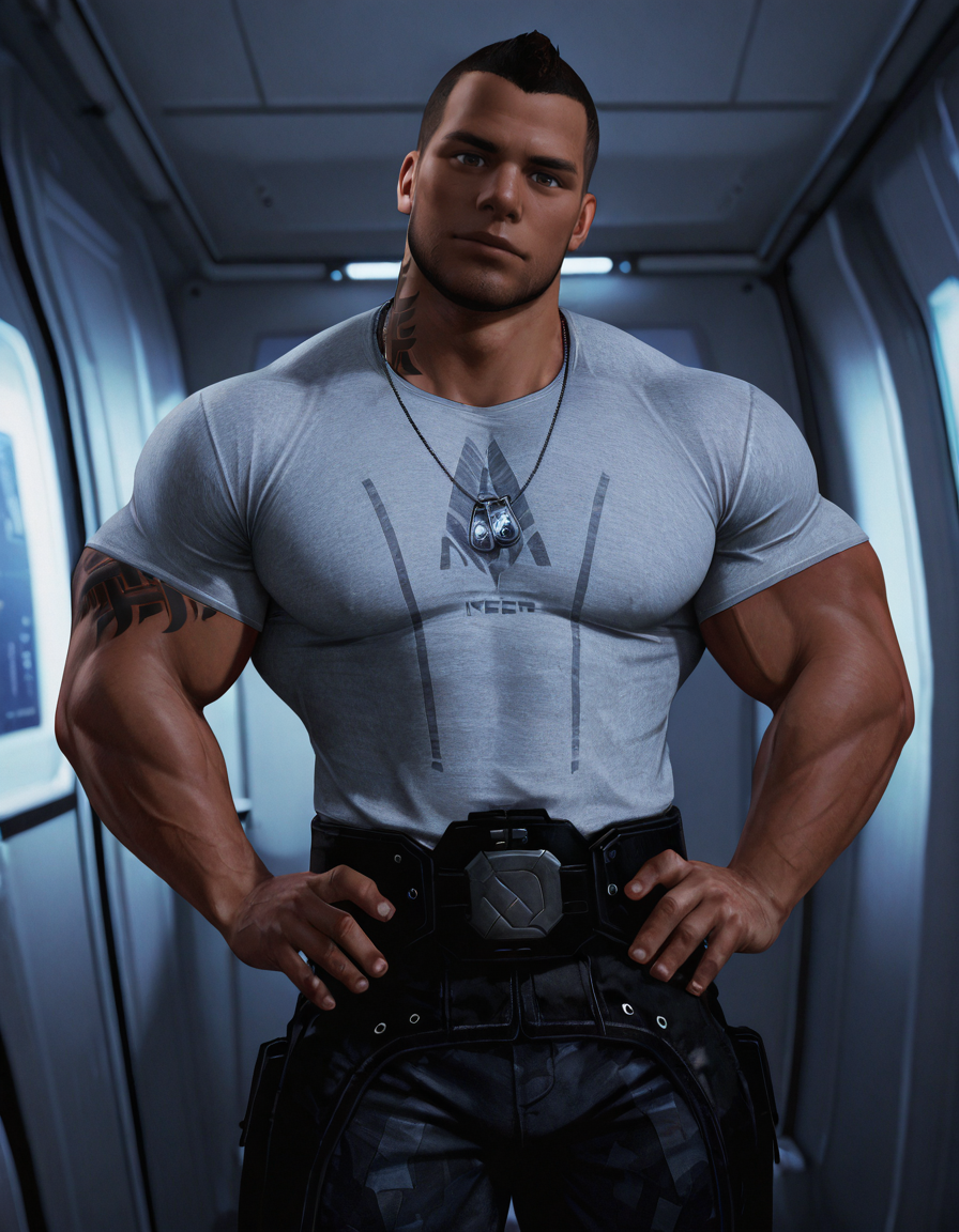 masterpiece, best quality, newest, perfect quality, best quality, detailed background, male focus, solo, realistic, <lora:Mass Effect - James Vega - Illustrious_1:0.7>, jvega, 1boy, brown hair, very short hair, dark skin, brown eyes, stubble, muscular, bara, dog tags, , looking at viewer, spacecraft interior, grey uniform shirt, t-shirt, uniform belt, uniform pants, uniform boots, hands on own hips, head tilt, tattoo