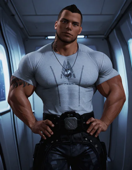 masterpiece, best quality, newest, perfect quality, best quality, detailed background, male focus, solo, realistic, <lora:Mass Effect - James Vega - Illustrious_1:0.7>, jvega, 1boy, brown hair, very short hair, dark skin, brown eyes, stubble, muscular, bara, dog tags, , looking at viewer, spacecraft interior, grey uniform shirt, t-shirt, uniform belt, uniform pants, uniform boots, hands on own hips, head tilt, tattoo