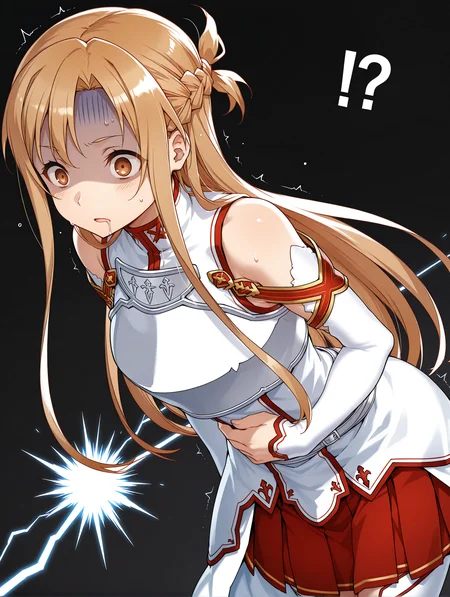 masterpiece,best quality,newest,
1girl,solo,
<lora:a_asuna_ilxl_v1:1>,a_asuna,brown eyes,a_clothes,long_sleeves,armor,red skirt,
<lora:Fixhands_anime_bdsqlsz_V1:1>,<lora:newtypeflash_Illust_v2:0.8>,newtype flash,lightning,simple background,black background,constricted pupils,wide-eyed,surprised,cowboy_shot,cinematic_angle,dynamic_angle,dutch angle,light_blush,half-closed eyes,uneven eyes,spasm,sweat,head_down,heavy_breathing,leaning_forward,drooling,donbiki,sweatdrop,shaded face,turn pale,jitome,d:,frown,standing,hand on own stomach,trembling,!?,facing ahead,parted lips,looking ahead,