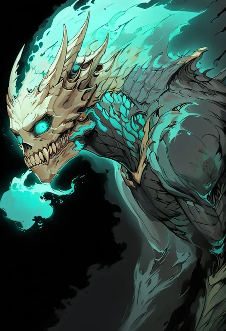 score_9, score_8_up, score_7_up, from side, looking at viewer, kaiju No.8, dorsal spines, glowing cyan, scaled skin, muscular, hunched, sharp claws, fangs, mechanical parts,
dark aura, black background,