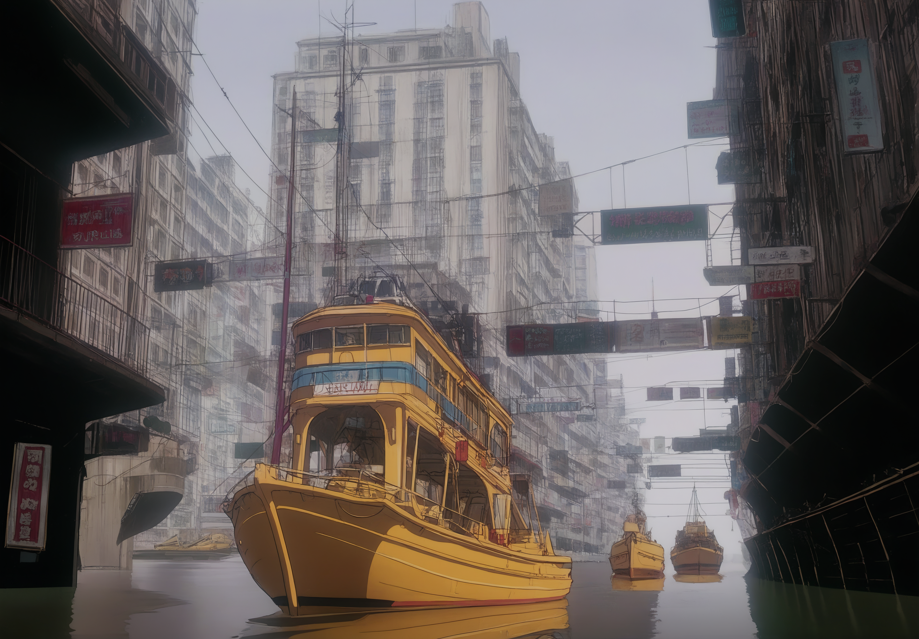 masterpiece,absurdres,best quality,high quality,<lora:GITS1995_XL Vpred Noob:1>,scenery,no humans,sign,building,city,outdoors,ground vehicle,boat,river,