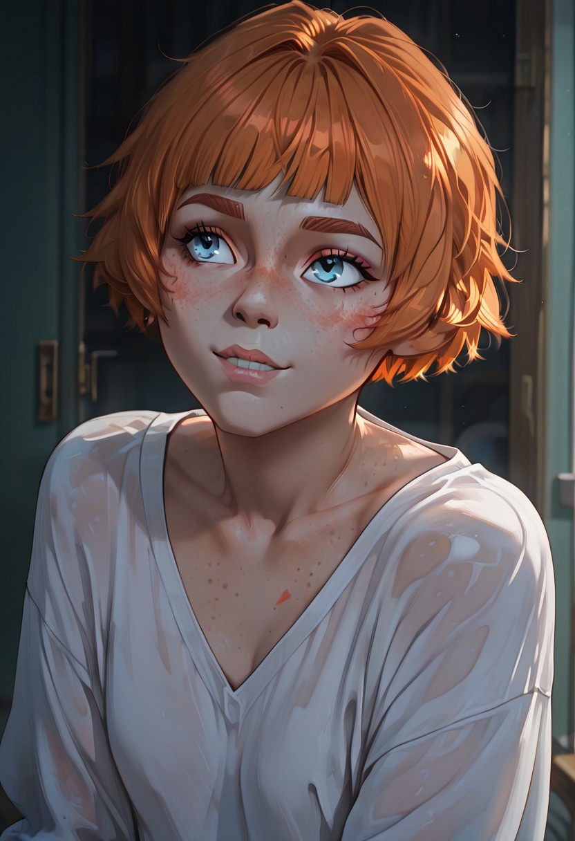 masterpiece, best quality, newest, absurdres, highres, anime, anime style,
Maddie-Nolan-IL.V1.1-whiteshirt, white shirt, orange hair, ginger, redhead, freckles, blue eyes,