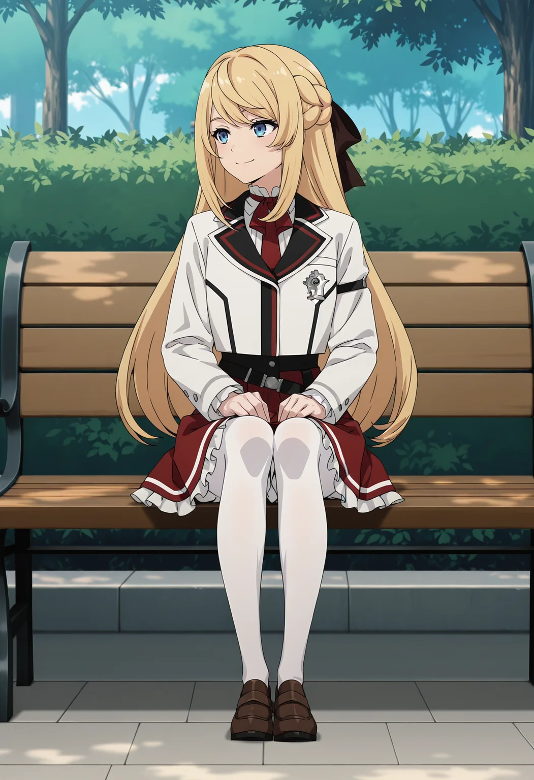 <lora:Ariel Anemoi Asura_illustrious-000048:1>,
Ariel Anemoi Asura, bench, sitting, solo, smile, pantyhose, skirt, white pantyhose, braid, shoes, white jacket, park bench, red skirt, loafers, jacket, school uniform, necktie, long sleeves, brown footwear, virtual youtuber, frilled skirt, shirt, outdoors, hair bow, on bench, closed mouth, frills, red necktie, hands on own knees, full body, looking to the side, ribbon, anime screencap