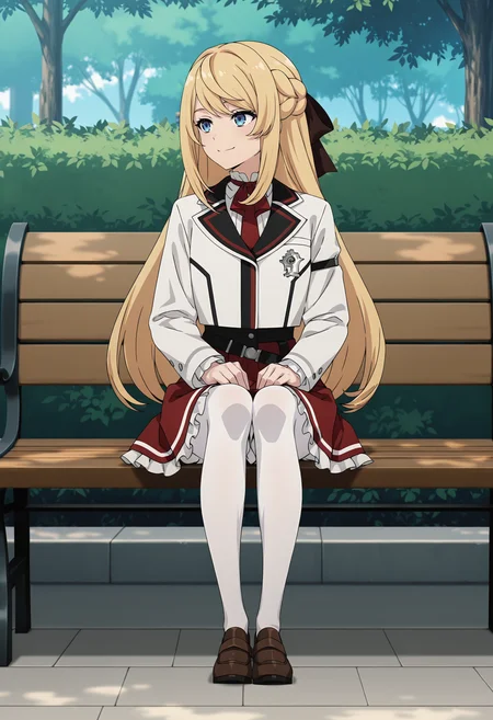 <lora:Ariel Anemoi Asura_illustrious-000048:1>,
Ariel Anemoi Asura, bench, sitting, solo, smile, pantyhose, skirt, white pantyhose, braid, shoes, white jacket, park bench, red skirt, loafers, jacket, school uniform, necktie, long sleeves, brown footwear, virtual youtuber, frilled skirt, shirt, outdoors, hair bow, on bench, closed mouth, frills, red necktie, hands on own knees, full body, looking to the side, ribbon, anime screencap